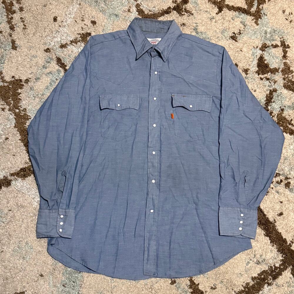 Vintage 70s Levi's Orange Tab Chambray Pearl Snap Shirt Size XL Handpainted Deer